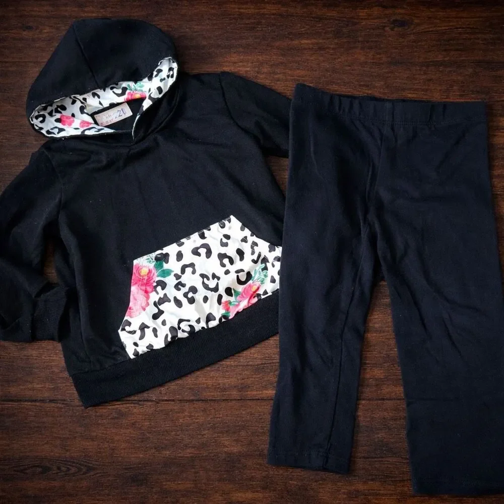 Toddler Girl Outfit Bundle 2T Black Hoodie Leopard Floral Pocket Leggings Set